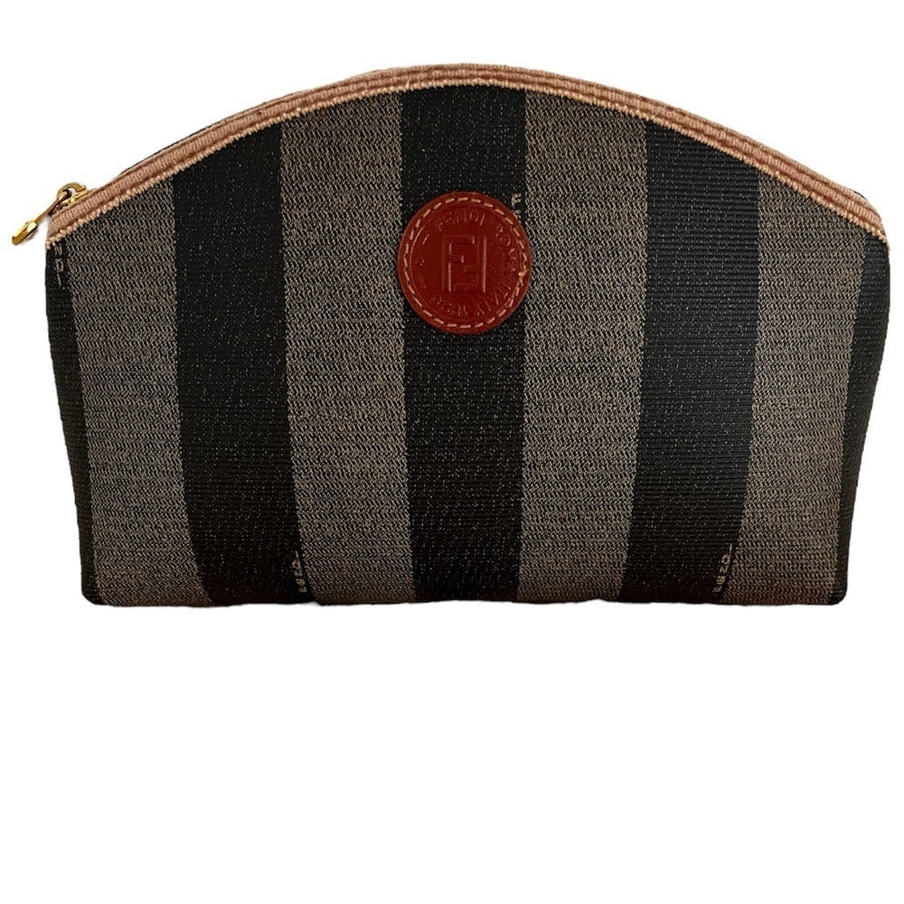 FENDI Pecan Striped Canvas Pouch Black Brown Gold COA 1980s Italy - Picture 12 of 17